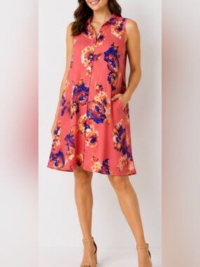 Mlle Gabrielle Pink Floral Print Sleeveless Button Up  Shirt Dress‎ Size XL NWT